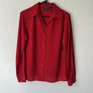 Vintage Laura Scott Button Up Blouse Size 12  Large Red Black Polka Dot
